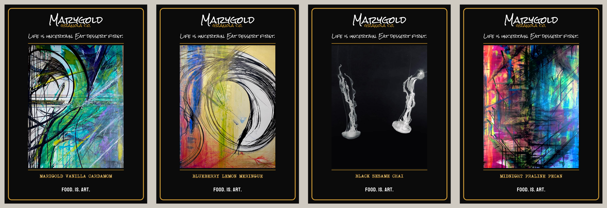 The four finished black labels for Marygold Vanilla Cardamom, Blueberry Lemon Meringue, Black Sesame Chai and Midnight Praline Pecan