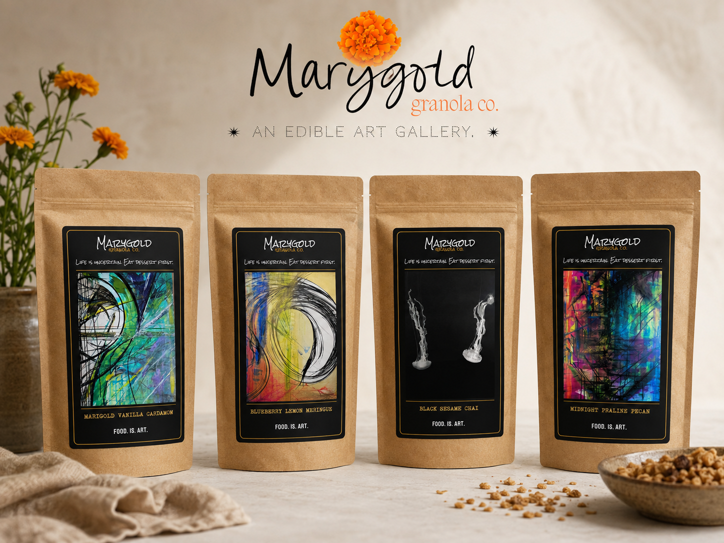 Marygold Granola Co. Founding Artist Collection with four kraft bags featuring the finished black labels and original artwork